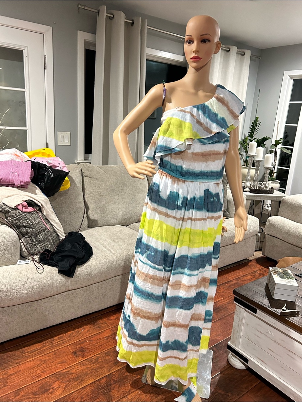 Lane Bryant One-Shoulder Maxi Dress in Teal, Brown & White